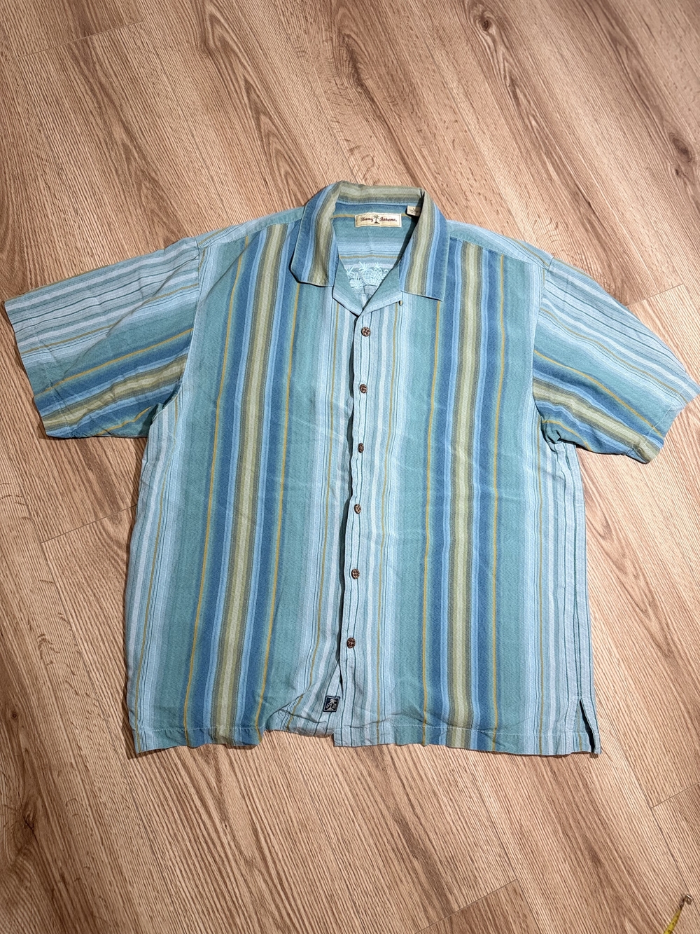 Tommy Bahama Aqua and Seafoam Striped Short Sleeve Button-Down